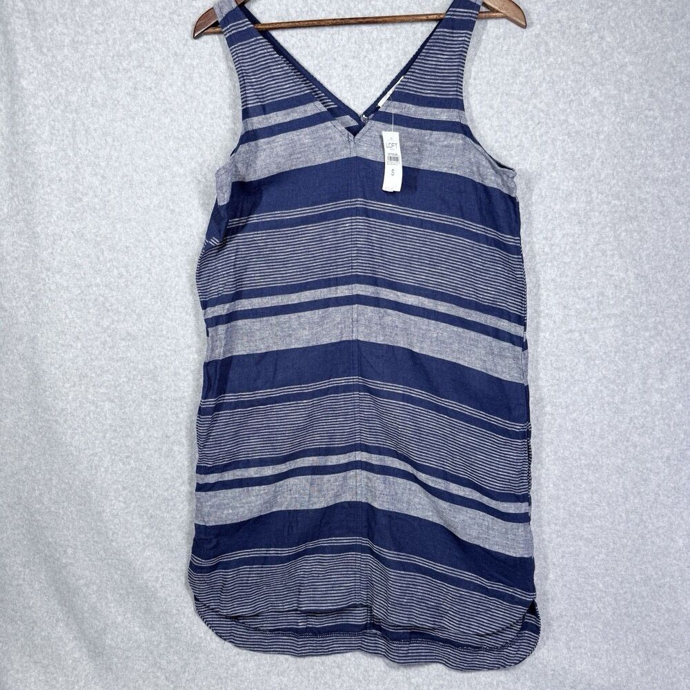 Loft Outlet Striped Shift Dress Womens Small Blue Linen Blend V-Neck Sleeveless